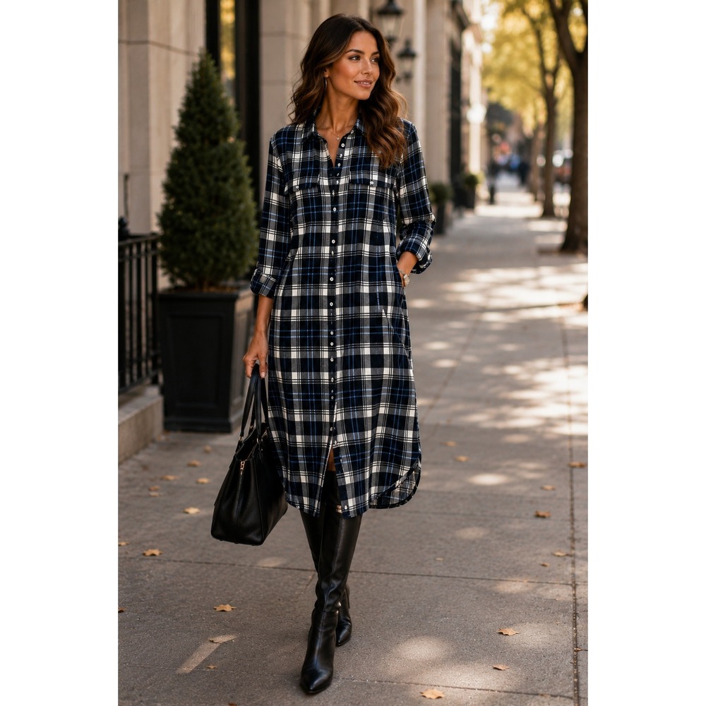 Lauren Ralph Lauren Blue Plaid Button Front Midi Shirt Dress Womens Size 4